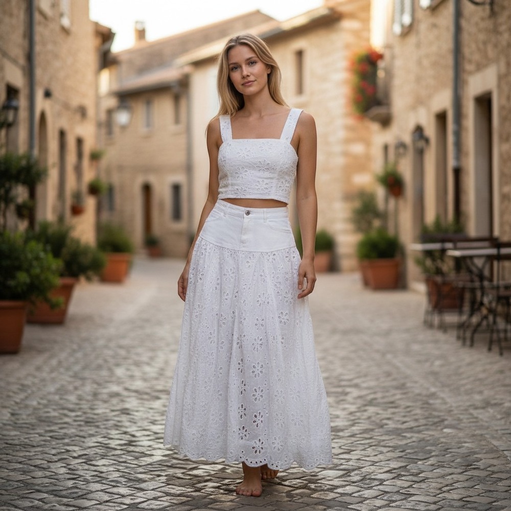 En Saison White Eyelet Two Piece Set Crop Top Maxi Skirt Cotton medium festival - Picture 1 of 16